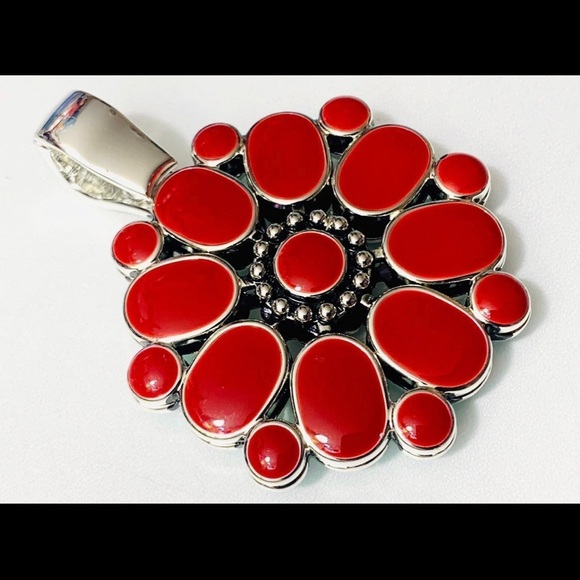 Premier Designs Reversable Enamel Pendant Teal Blue Red Flower - Picture 1 of 11